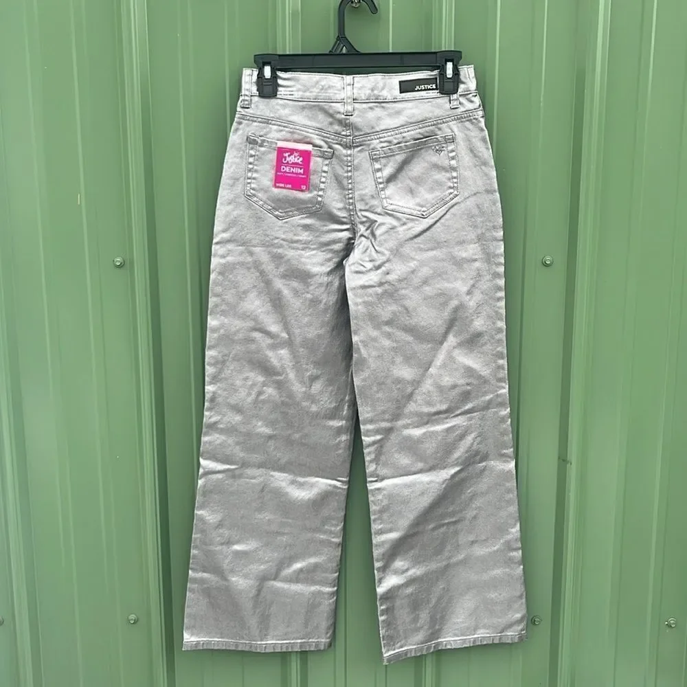 Girls Wide Leg Silver Denim Pleather Pants Size 12
